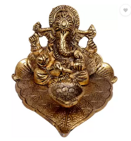 Vaah Ganesh Idol on Leaf Lord Ganesha Diya Hand Craved for Home Decorative Puja Gifts Aluminium Table Diya 