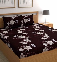 Dark Brown Floral 160 TC Microfiber Queen Sized Bedsheet with 2 Pillow Covers