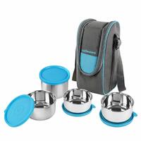 CELLO Steelox Stainless Steel Lunch Box Combo 4- Piece with Jacket, Blue, (Capacities - 225ml, 375ml x 2, 550ml) [Apply ₹100 Off Coupon]