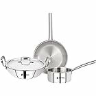 Bergner Tripro Triply Stainless Steel 4 Pc Cookware Set, 24 cm Indian Wok/Kadai with Lid, 22 cm Frypan, 16 cm Tea Pan, Even and Fast Heating, Induction Bottom, Gas Ready, Silver