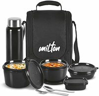 Milton Pro Lunch Tiffin (3 Microwave Safe Inner Steel Containers, 180/320/450 ml; 1 Plastic Chutney Dabba,100 ml; 1 Aqua Steel Bottle, 750 ml, Steel Spoon and Fork) With Insulated Fabric Jacket, Black