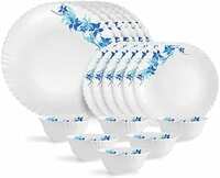 Cello Opalware Dazzle Series Blue Swirl Dinner Set, 18 Units | Opal Glass Dinner Set for 6 | Light-Weight, Daily Use Crockery Set for Dining | White Plate and Bowl Set