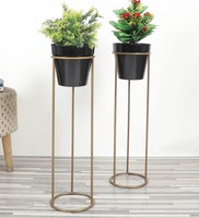 Long Leg Set Of 2 Black & Gold Iron Floor Planter With Stand
