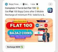Bajaj Finserv: Get flat 100 Coins after completing 3 Mobile Recharge of Minimum Rs.10 (7PM-9PM)