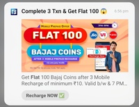 Bajaj Finserv: Get flat 100 Coins after completing 3 Mobile Recharge of Minimum Rs.10 on 25th & 26th june  (7PM- 9PM) 