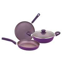 Bergner Vega Non-Stick 4Pc-Cookware Set (Kadhai with Tempered Glass Lid 2.6 L, Dosa Tawa 28cm, Fry Pan 24cm) Induction Compatible, Bakelite Handles, Free to Safe, Purple