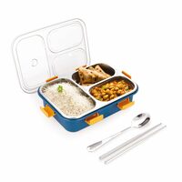 Attro Bento 3 Compartment Stainless Steel Lunch Box with Steel Cutlery Inside, Heating & Water Insulation Design for Office, School & Travelling, 750 Ml - Navy Blue