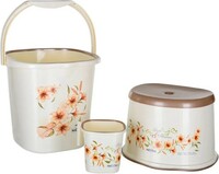 Nayasa Super Plastic Square Deluxe Bathroom Bucket with Matching Mug and Matching Patla, Set of 3 (18 Liters, 3-Pieces)|bathroom set|bath set for bathroom|Off White