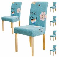 (Pack 6, Blue Pink Flower)) House of Quirk Polyester Elastic Chair Cover Stretch Removable Washable Short Dining Chair Cover Protector Seat Slipcover (Pack 6, Blue Pink Flower)