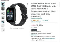 realme Techlife Smart Watch SZ100 1.69" HD Display with SpO2, Heart Rate & Temperature Monitors (Grey Strap, Free Size), Gray (RMW2103)