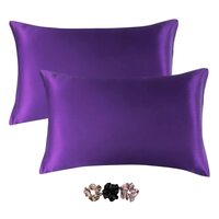 Go Well Satin Silk Pillow Cover for Hair and Skin 2 Piece with 3 Piece Satin Silk Soft Scrunchies| Silk Pillow Covers with Envelope Closure end Design|Silk Pillow Cases(Dark Purple) 600 TC, 600 TC