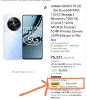 realme NARZO 70 5GIce Blue,6GB RAM, 128GB Storage | Dimensity 7050 5G Chipset | 120Hz AMOLED Display | 50MP Primary Camera | 45W Charger in The Box