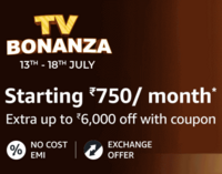 TV Bonanza Upto 60% off +  Extra upto 6000 off with coupon + Bank Offers (13th to 18th July)