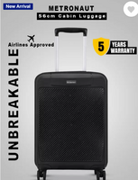 METRONAUT  Small Cabin Suitcase (56 cm) 4 Wheels - Hero 20 Inch Black Premium PP Hard-Sided Luggage Trolley with Number Lock