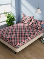 BIANCA Cotton Double Bedsheet with 2 Pillow Covers -3pc set (serina) checks-grey/red [Prime Users]