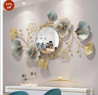 RIZIK STORE™ Iron Metal Fancy Decorative Clear Image Wall Mount Floral Wall Mirror with Hook for Hanging on Wall for Bedroom, Home Decor, wash Basin, Vanity, Makeup, Bathroom (Floral Gold Blue) 