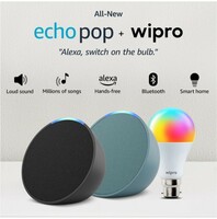 Amazon Echo Pop (Black, Green) gift twin pack with Wipro 9W LED Smart Color Bulb 