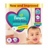 Pampers Active Baby Tape Style Diapers, Medium (M) Size, 90 Count [Rs 150 Off on First Subscribe & Save]