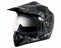 Vega Off Road Sketch ISI Certified Gloss Finish Full Face Dual Visor with Peak Helmet for Men and Women Outer Clear Visor and Inner Smoke Sun Visor(Black Silver, Size:L)