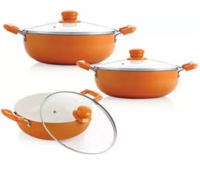 NIRLON Ceramic Coated Aluminum Kadai with Glass Lid 3pcs Set Induction Bottom Non-Stick Coated Cookware Set 