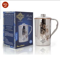  Indian Art Villa Steel Copper Floral Design Jug Pitcher with Lid, Storage & Serving Water, Beneficial for Health, Volume-1500 ML 