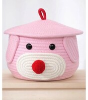 Superfine Cute Baby Bear Handmade Jute Cotton Thread Rope Basket | Woven Storage Basket With Cap | Nursery Organizers And Storage,Kids Basket, Toy Bin, Baby Gift Basket. (Pink, 11x11x7))