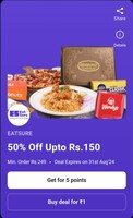 Paytm × EatSure - Get 50% Off Upto Rs.150 Mov of 249 using 5 Points or 1 Rs