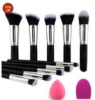URBANMAC Premium Synthetic Kabuki Foundation Face Powder Blush Eyeshadow Brush Makeup Brush Kit with Blender Sponge and Brush Cleaner (10 pcs, Black/Silver)

