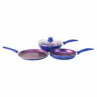 Wonderchef Blueberry Aluminium Non-stick Cookware 4 Piece Set | Fry Pan, Dosa Tava and Wok with Lid | PFOA and heavy metals free | Soft touch handles | Suitable for use on induction, gas, electric & glass stove tops | 