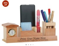 SHIVOM CRAFTS Wooden Pen Stand, Wooden Desk Supplies Organisers With Clock, Card And Mobile Holder, Home Office- Customized, Personalized Gift, Multi-Coloured
