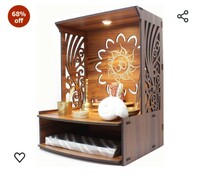 Heartily® Laabh Beautiful Wooden Pooja Stand for Home Pooja Mandir for Home Temple for Home and Office Puja Mandir for Home Wall Mounted with LED Spot Light Size (H- 15.5, L- 11.5, W-11 in)