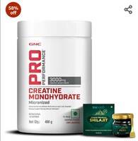 GNC Pro Performance Pure Micronized Creatine Monohydrate with Free Shilajit | 400 gm & 10 gm Shilajit | 133 Serving | Instantized | Fuels Muscles |