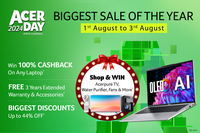 Acer Day Biggest Sale Of The Year Up to 44% Off + Win 100% Cashback on Any Laptop  (1st-10th Aug)