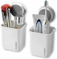 E-COSMOS Wall Mounted Self Adhesive Plastic Toothbrush Holder for Toothbrushes, Toothpaste, Shaver, Razor & Make Up Brush (Pack of 2)