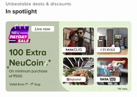 TataNeu Payday Sale - Get extra 100 Neucoins on minimum shopping of Rs.500 | User Specific