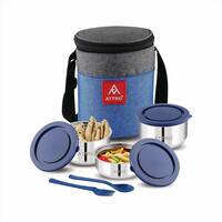 Attro Fresho Stainless Steel Double Wall Lunch Box, Airtight & Leak Proof - 3 Containers with Bag, Fork & Spoon for Office Use, School, Picnic 800 ml - Dark Blue