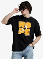 LEOTUDE Half Sleeve Oversized Cottonblend Round Neck Drop Shoulder Printed T-Shirt for Men's (Color Black)