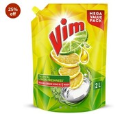 Vim Dishwash Liquid Gel Lemon Refill Pouch, 2 Ltr | Dishwash Gel Infused With The Power Of Lemons | Leaves No Residue