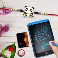 DeoDap (K1_260_1360) Multicolor Panda Rakhi Combo with LCD Writing Pad/Tablet for Kids, Silver Color Pooja Coin & Greeting Card | Occasion | Rakhi for brother with gift |new Rakhi collection | rakhi combo for brother |
