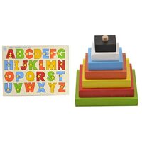 Skillofun - L-6K Wooden Capital ABC Stray with Knobs & Skillofun Wooden Graded Square Tower, Multi Color