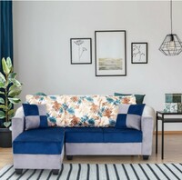  Peachtree Urban Mango Wood 3 Seater L Shape Sofa Set for Guest Living Room, Office, Drawing Room & Hall with PVC Leg | Velvet Couch & Lounger Sofa | Padded Armstyle (Blue & Grey)