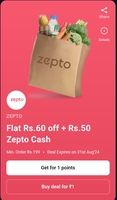 Flat Rs.60 off + Rs.50 Zepto Cash from ZEPTO.