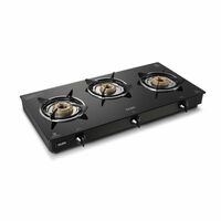 Glen 3 Burner Toughened Glass Top | Black | ISI Certified | Stainless Steel Drip Trays | Anti-Skid Feet | Ergonomic Knobs | 2 Year Warranty | CT3B70BLBB