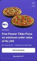 Paytm × EatSure - Free Paneer Tikka Medium Pizza on Mov of 249 