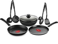 Pigeon Mio Nonstick Aluminium Cookware Gift Set, Includes Nonstick Flat Tawa, Nonstick Fry Pan, Kitchen Tool Set, Nonstick Kadai with Glass Lid, 8 Pieces Kitchen Set (Black)