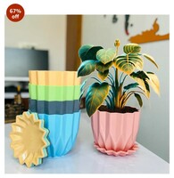 TechHark® (Pack of 5, Plastic)  Crystal Flower Pots with Tray for Home & Decoration Planters, Terrace, Garden Plant Container Set 