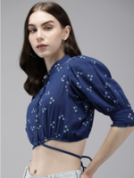 Roadster The Life Co. Embroidered Puff Sleeve Pure Cotton Shirt Style Crop Top