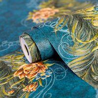 Wolpin Wallpaper Non-Woven Non-Adhesive 53 cm x 9.5m (± 3%) Peacock Feather Floral Design with Texture Sparkle, Blue