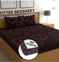 CG Homes 180 TC Cotton Double Printed Fitted (Elastic) Bedsheet (Pack of 1, Brown Heart)