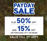 Payday sale - Flat 50% off + Additional 15 % off + Extra 5% off on prepaid payment [29 Aug to 2 Sep]